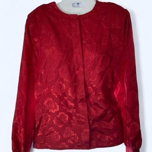 Red vintage 80s long sleeve shimmering floral blouse 10 Lady Manhattan